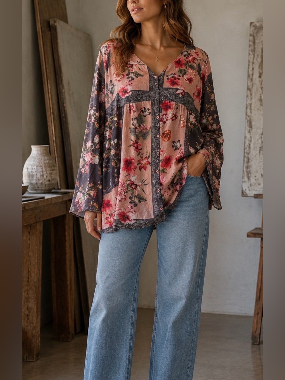 Johnny Was Silk Floral Tunic Dress Button Front Bell Sleeve Large
